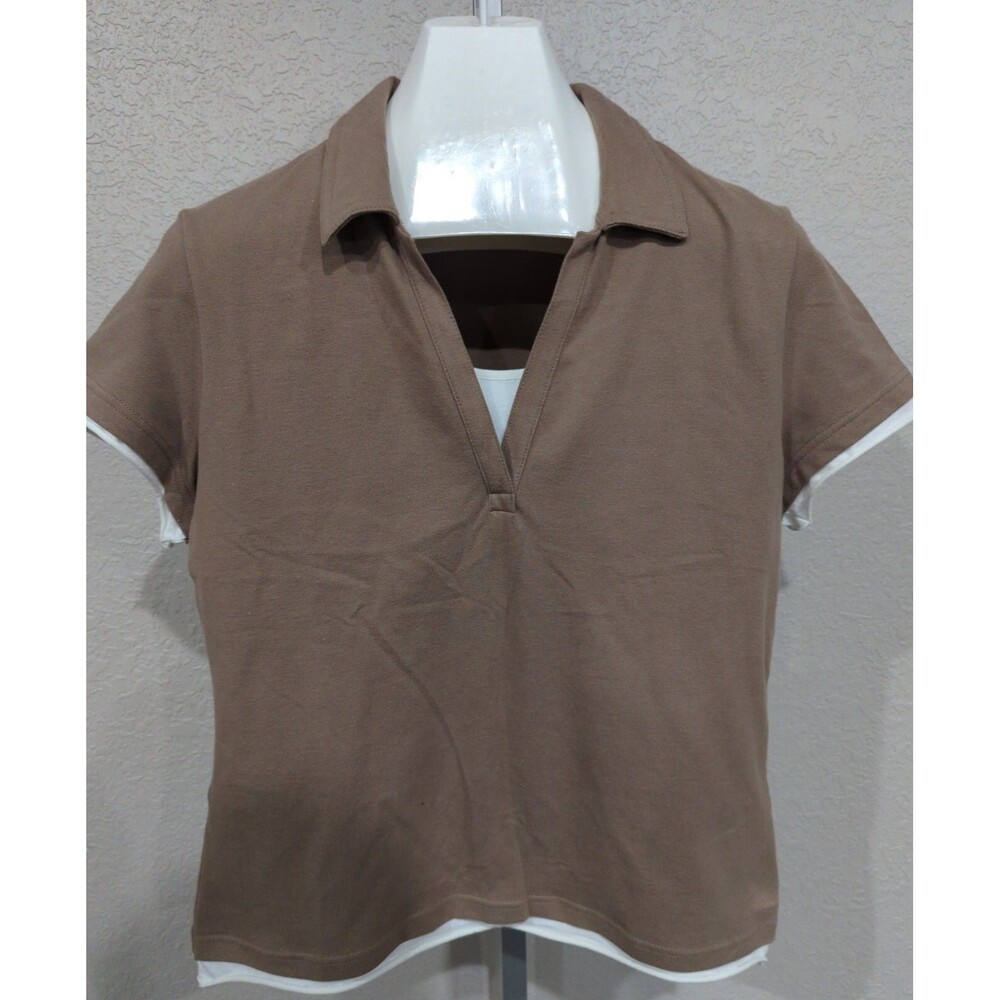 Sonoma Womens Khaki Tan Polo Top Shirt w/White Attached Tank Layer Large V-Neck